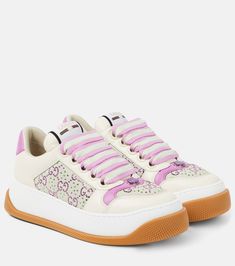 Find GUCCI Screener Gg Crystal Leather Sneakers on Editorialist. Upper: fabric, leather. Lining: fabric, leather. Sole: rubber insole and sole. Toe shape: almond toe. Made in Italy. Includes: shoe box, dust bags, extra laces. Designer color name: Off Wh/ Os.W-Ca.M/ C.M. Closure: lace-up. Gucci Screener, Gucci Sneakers, Gucci Leather, Brown Sneakers, Latest Sneakers, Canvas Sneakers, Metallic Leather, Lining Fabric, Canvas Leather