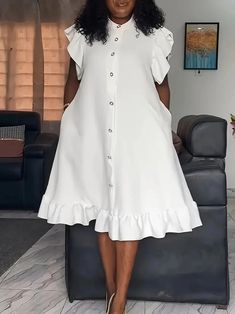 Plus Size Solid Ruffle Dress, Casual Cap Sleeve Mock Neck Dress For Spring & Summer, Women's Plus Size Clothing White Short Gown, Simple White Gown, Short White Dress Outfit, Ruffle Dress Casual, Dress Outfits Party, White Dress Styles