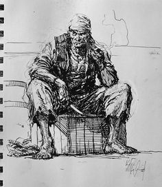 a drawing of an old man sitting on a bench with a cane in his hand