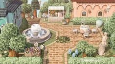 a painting of a garden with a fountain