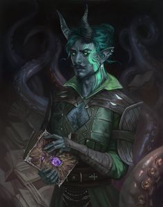 a man with green hair and horns holding an object in his hand, surrounded by tentacles