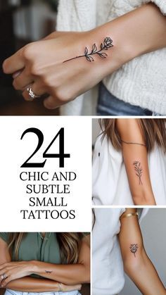 four photos with different tattoos on their arm and wrist, both showing the same tattoo designs