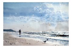 a painting of a man walking on the beach with seagulls in the background