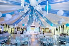 a banquet hall decorated with blue and white decorations