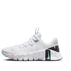 (WMNS) Nike Free Metcon 5 'White Emerald Rise Black' DV3950-101 White Running Shoes With Boost Midsole For Gym, White Athletic Fit Running Shoes For Gym, White Cushioned Running Shoes For The Gym, Nike White Running Shoes For Workout, White Nike Running Shoes For Workout, White Workout Sneakers With Boost Midsole, White Athletic Sneakers For Gym, White Athletic Fit Sneakers For Workout, White Running Shoes With Boost Midsole For Workout