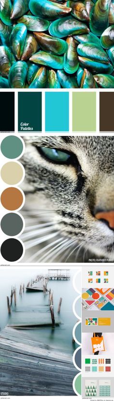 a cat's face with its eyes open and the color scheme is blue, green,