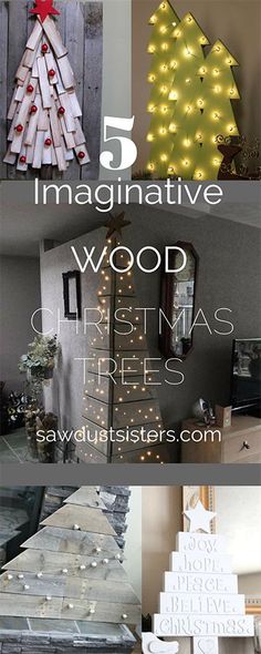 christmas tree made out of wood with text overlay that says 5 imaginative wood christmas trees