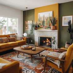 A cozy mid-century modern living room with earthy tones of olive green, mustard yellow, and burnt orange, evoking warmth and comfort3 Madmen Living Room, Living Room Design Color Palette, Living Room Designs Colorful Schemes, Mid Century Rustic Living Room, Mcm Sitting Room, Mcm Brick Fireplace, Mid Century Modern Living Room Green, Warm Colorful Living Room, Living Room Designs With Color