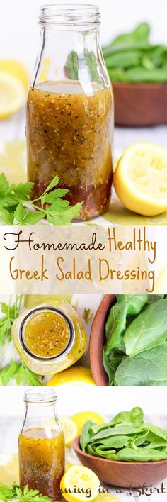 homemade greek salad dressing recipe in a jar with lemons and herbs on the side