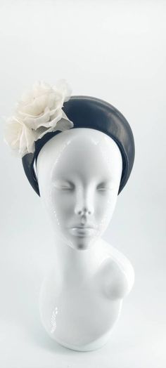 Black leather headband trimmed with ivory silk and organza roses. One size 1.5 inches in the tallest middle section Headband Fascinator, Leather Headband, Hat Headband, Couture Hats, Leather Headbands, Pillbox Hat, Ivory Silk, Fascinator, Caps Hats