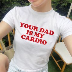 Your Dad Is My Cardio Baby Tee, Women's Fitted Tee or Unisex Shirt, Trendy Top, Y2K 90s Baby Tee, Gift For Her, Gift For Friend, Funny Shirt DETAILS - 100% cotton (fiber content may vary for different colors) - tear-away label  SIZING Sizes vary by shirt style. Please check the size chart before making your purchase. This baby tee features a short-fit design that fits true to size. This youth tee fits like the traditional 90's baby tee. Please order whatever size you would typically order for a Funny Unisex Tops With Name Print, Retro Cotton Tops With Name Print, Retro Crew Neck Tops With Name Print, Silly Shirt, Friend Funny, 90s Baby, Trendy Top, Baby T Shirts, Fitted Tee