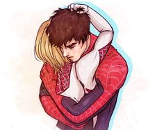 a drawing of a man hugging a woman with his arm around her head and wearing a spiderman shirt