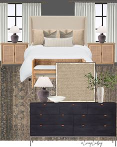 the bedroom is decorated in neutrals and browns