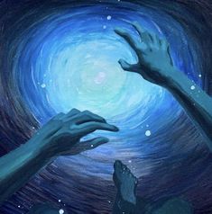 two hands reaching towards each other in front of a blue and white spiral background with stars