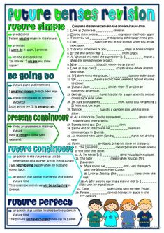 a poster with the words future tense revision and an image of two children standing next to each other