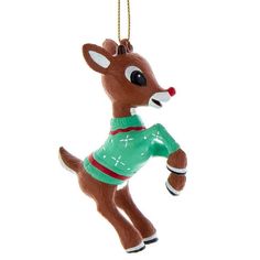 a christmas ornament shaped like a reindeer wearing a green sweater and red nose