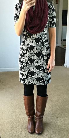 black and white print long sleeve dress black tights brown long boots winter casual attire burgundy scarf 4 October, Dress Scarf, Teacher Clothes, Dark Dress, Stitch Fix Outfits, Fix Credit, Stitch Fix Stylist, Teacher Style, Lula Roe Outfits