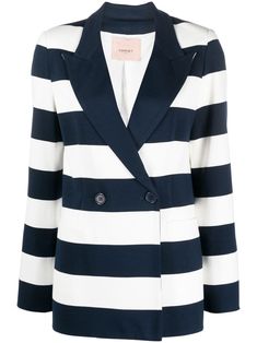 navy blue/white horizontal stripe pattern gold-tone logo plaque double-breasted button fastening peak lapels two front welt pockets split cuffs long sleeves English rear vents Striped Long Sleeve Blazer With Double Button Closure, Striped Double-breasted Long Sleeve Blazer, Striped Double-breasted Blazer For Work, Striped Double Button Blazer For Work, Striped Blazer With Double Button Closure For Work, Chic Striped Double-breasted Blazer, Striped Double-breasted Outerwear For Work, Double Blazer, Navy Blue Blazer