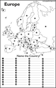 the map of europe with names and numbers to print out for children's learning