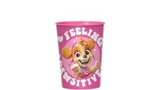 a pink plastic cup with a cartoon dog on it's side and the words, feeling