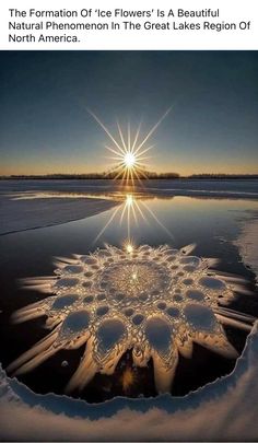 the sun shines brightly over an icy lake with snow flakes in front of it