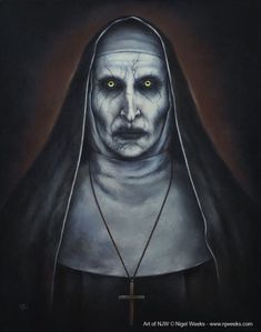 a painting of a nun with yellow eyes and a cross on her necklace, in the dark