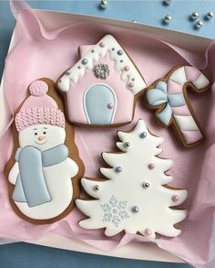 decorated christmas cookies in a pink box