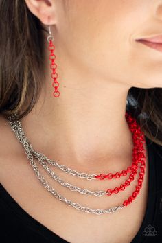 Rows of shimmery silver chain merge with shiny red chains, creating colorful layers below the collar. Features an adjustable clasp closure.

Sold as one individual necklace. Includes one pair of matching earrings. Turn Up The Volume, 5 Dollar, Layered Chain Necklace, Red Necklace, Red Jewelry, Paparazzi Accessories, Paparazzi Jewelry, Turn Up, Silver Chain Necklace