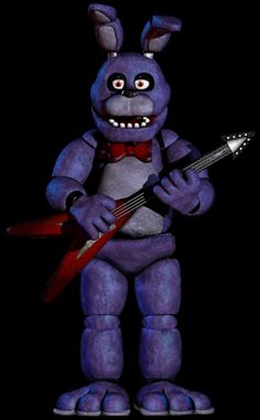 a purple bunny holding a guitar and wearing a red bow tie, standing in front of a black background