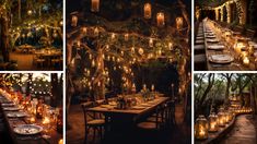 a collage of photos with candles and tables in the middle, surrounded by trees