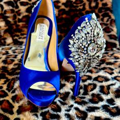 These Brilliant Satin Royal Blue Bedazzled 4 Inch Heels Are Exquisite! Wouldn’t You Love To Strut Your Stuff In These Beauties Badgley Mischka Shoes, Royal Blue Color, 4 Inch Heels, Badgley Mischka, The Struts, Shoes Women Heels, Royal Blue, 4 Inch, Shoes Heels