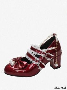 Olivia Mark - Delicate Ladies' Boots with Pearl Embellishments and Ruffled Details Ladies Boots, Sweet Lolita, Black Chain, Olivia Mark, Wine Red, Chunky Heels, Pu Leather, Embellishments, Womens Boots