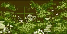 an old pixel art scene with flowers and plants in the foreground, including a green teapot