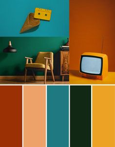 an old television sitting on top of a table in front of a wall with color swatches