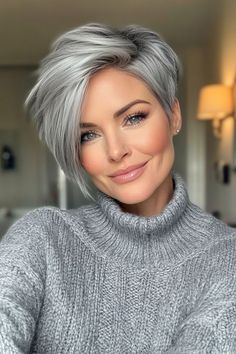 9. Edgy Pixie with Side-Swept Fringe in Metallic Silver (Short Pixie Hairstyles For Women Over 50) - Short Pixie Hairstyles For Women Over 50 Short Pixie Hairstyles, Edgy Pixie, Sleek Chic, Silver Shorts, Hairstyles For Women Over 50, Short Pixie Cut, Short Hair Styles Pixie, Women Over 50, Pixie Cuts