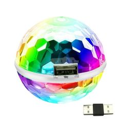 an image of a colorful ball shaped device with usb cable plugged into the side