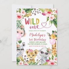 a little wild one is on the way baby shower card with pink flowers and giraffes