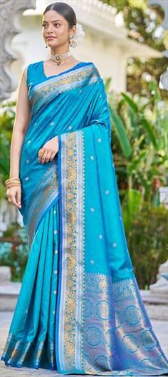 Blue color Saree in Blended fabric with Weaving work Blue Saree With Weaving Work For Wedding, Blue Saree With Weaving Work For Diwali, Blue Color Saree, Festive Saree, Color Blending, Blending, Weaving, Blue Color, Saree