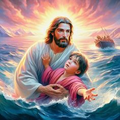 jesus holding a child in the water with a boat behind him and an ocean background