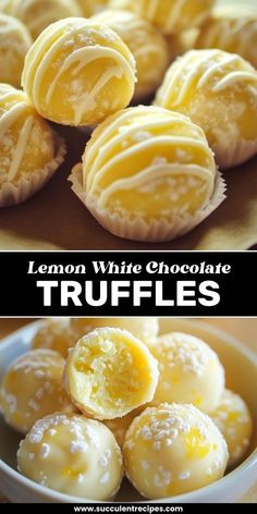 lemon white chocolate truffles in a bowl and on the table with text overlay