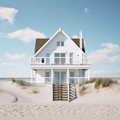 a white house on the beach with stairs leading to it