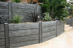 an outdoor area with plants and stone walls