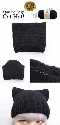 a woman wearing a black knitted hat with cat ears on top and the words, quick & easy cat hat