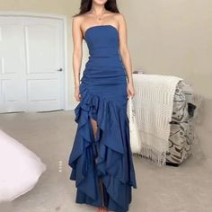 Tavimart Party Long Dress Elegant Solid Strapless Sleeveless Backless – tavimart Long Dresses Elegant, Prom Dresses Elegant, Irregular Dress, Strapless Evening Dress, Evening Skirts, Strapless Prom Dresses, Floor Length Prom Dresses, Blue Mermaid, Blue Evening Dresses