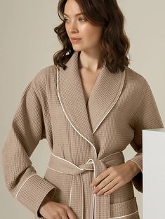 Luxury Women's Taupe Bathrobe - Women's Black Bathrobe | Seyante Waffle Bathrobe, Luxury Robes, Trim Styles, Womens Apparel, Black Luxury, Shower Routine, Waffle Weave, Luxury Women, Shawl Collar