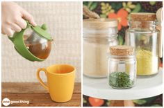 there are two pictures one has spices and the other has herbs in glass jars with lids