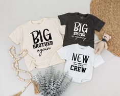 Please enter the exact custom text you want for exact shirt SEPERATELY. I will print what you added, please be careful! Don't forget to add your baby's gender BE CAREFUL WITH YOUR CUSTOM TEXT YOU WANTALL ORDERS OVER 4 ITEMS WILL RECEIVE A 45% DISCOUNT  ❌ THIS IS NOT A SET ❌ ♻️ IF YOU PLACE ONE ITEM, YOU WILL RECEIVE ONLY ONE ITEM. IF YOU WANT ALL ITEMS IN THE PHOTO, PLEASE PLACE AN ORDER WITH THE QUANTITY OF SHIRT YOU WANT ♻️ DON'T FORGET TO ADD THE CLEAR CUSTOM FOR EACH SHIRT ❤️Hope you having Big Sibling Shirts, Big Sibling Announcement, 3rd Baby Announcement With Siblings, Sibling Shirts For 3, Oldest Middle Youngest, 3rd Pregnancy Announcement, 3rd Baby Announcement, Big Sister Announcement Shirt, Sibling Announcement