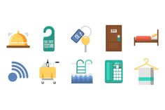 flat design icons for hotel rooms and motels, such as bed, door, phone, keys, alarm clock