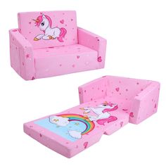 two pink children's chairs with unicorns and hearts on them, one has a rainbow