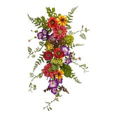 an arrangement of flowers on a white background